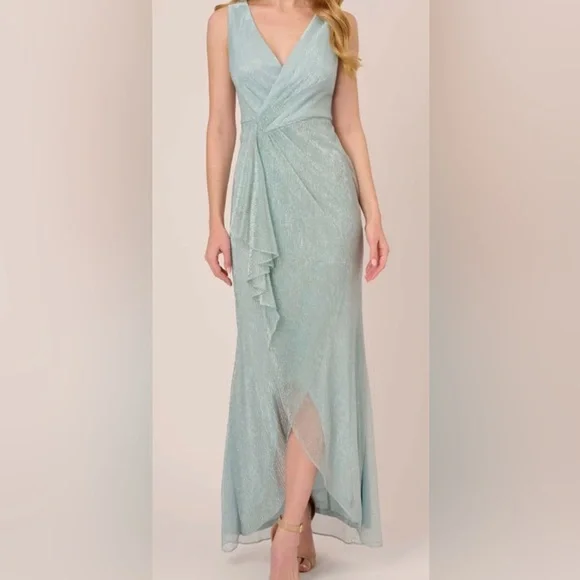 Adrianna Pappel gown, Smoke Mint. Mesh, cascade ruffle, high/low hem. - Picture 1 of 6
